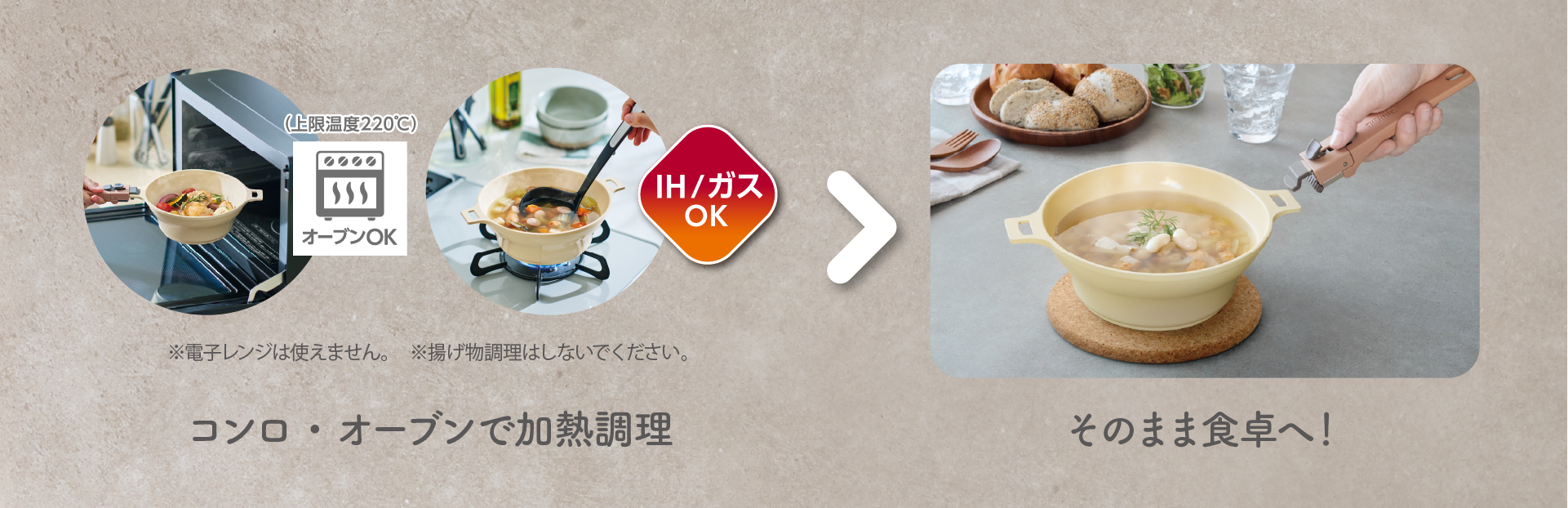 コンロ・オーブンで加熱調理の説明画像　料理もできるお皿5点セットGB／KSG-5B_調理後にそのまま食卓へ！の画像