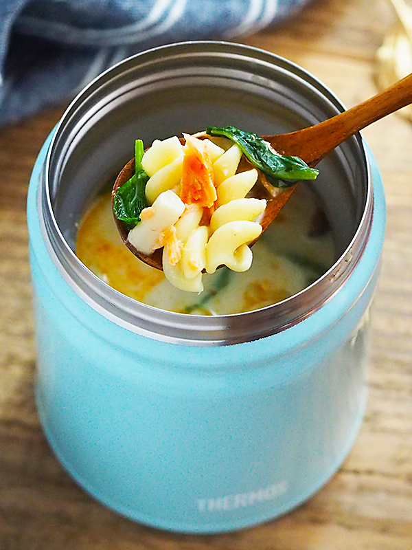 さけフレークで作る豆乳クリームパスタ スープジャーレシピ レシピ サーモス 魔法びんのパイオニア