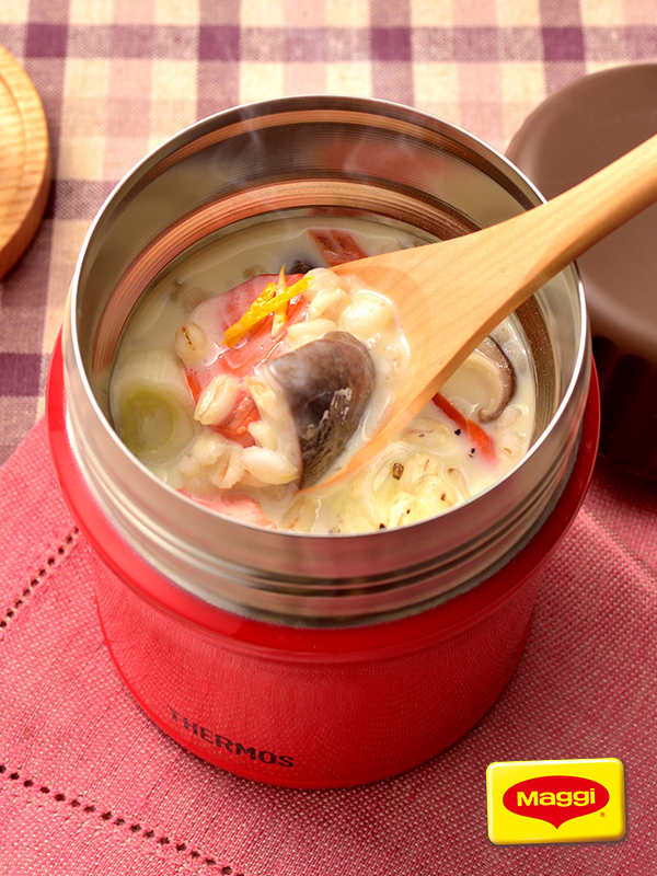 だしスープで作る 鮭と大麦の豆乳スープリゾット スープジャーレシピ レシピ サーモス 魔法びんのパイオニア